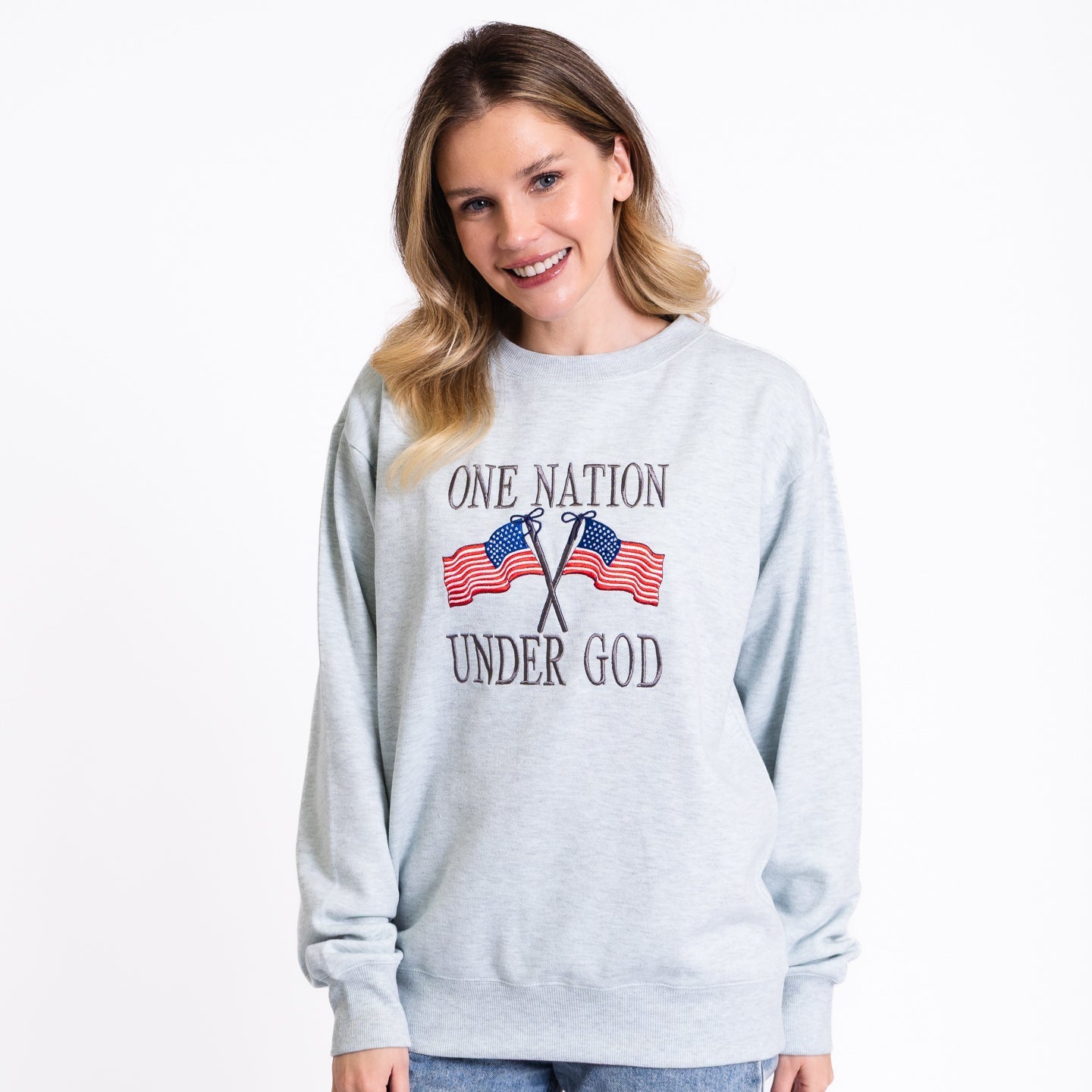 One Nation Under God Embroidered Crewneck Sweatshirt