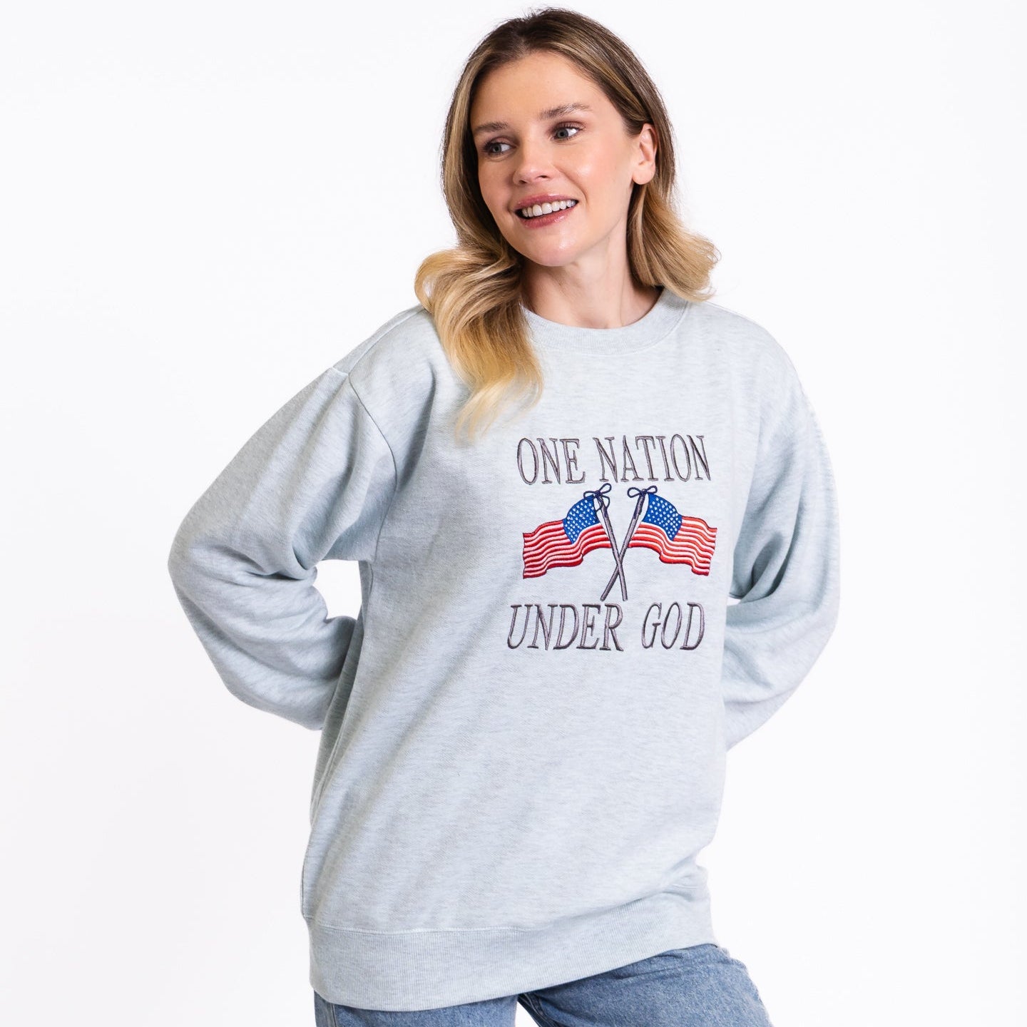 One Nation Under God Embroidered Crewneck Sweatshirt