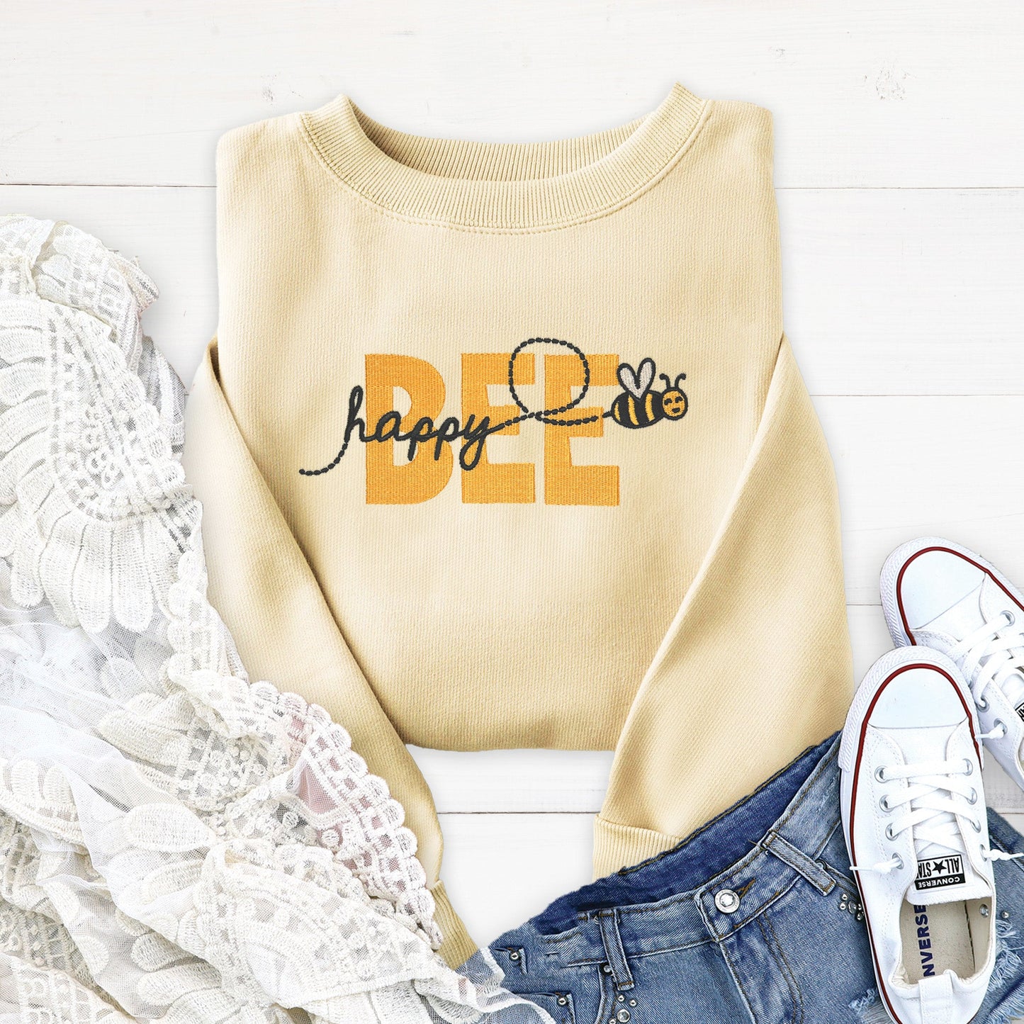 Embroidered Bee Happy Sweatshirt