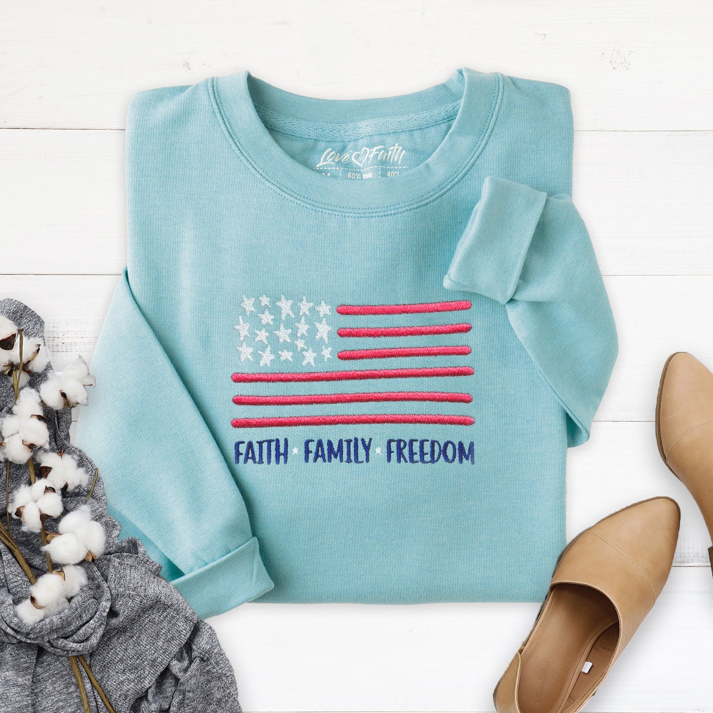 Faith Family Freedom Embroidered Crewneck Sweatshirt