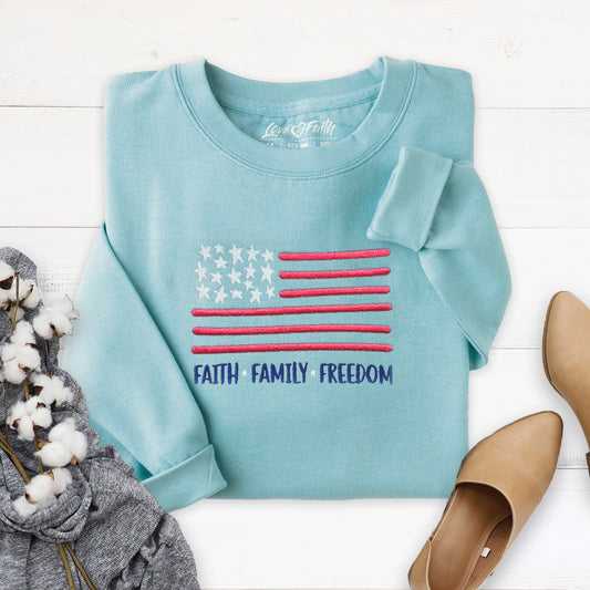 Faith Family Freedom Embroidered Crewneck Sweatshirt