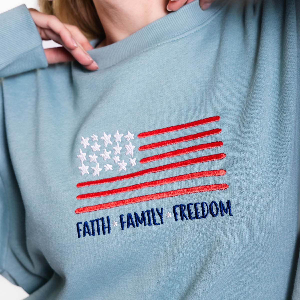 Faith Family Freedom Embroidered Crewneck Sweatshirt