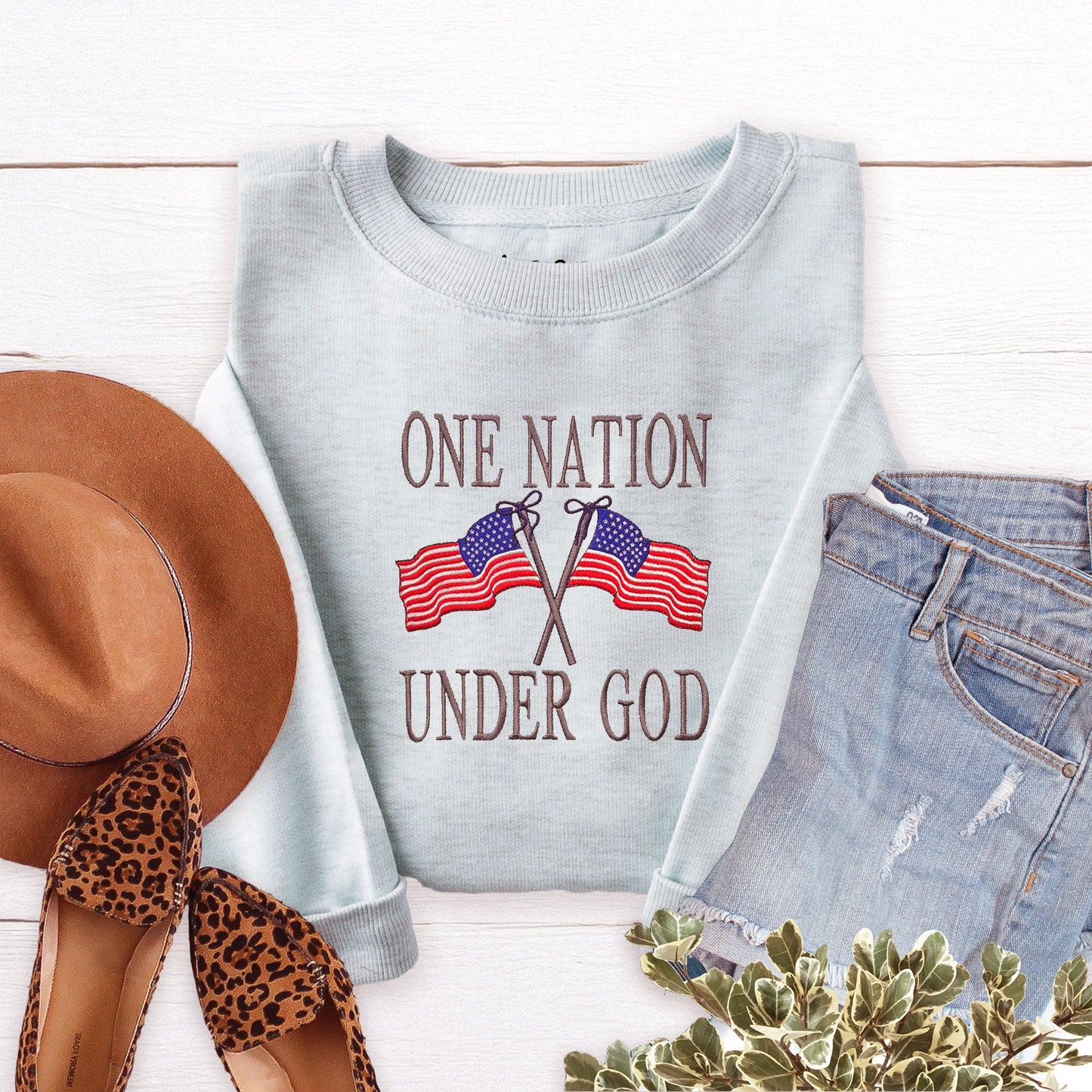 One Nation Under God Embroidered Crewneck Sweatshirt